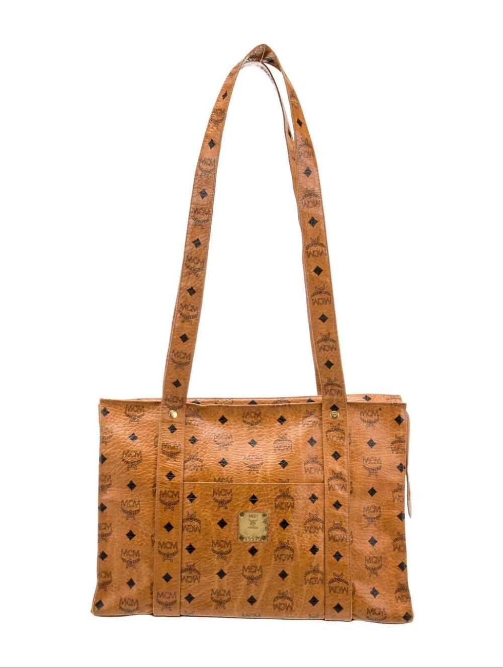 MCM Cognac Logo Visetos Shoulder Tote